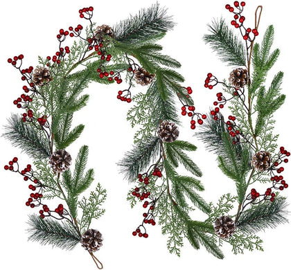 Christmas Artificial Pine Garland with Spruce Cypress Berries Frosted Pinecones Winter Greenery Garland for Holiday