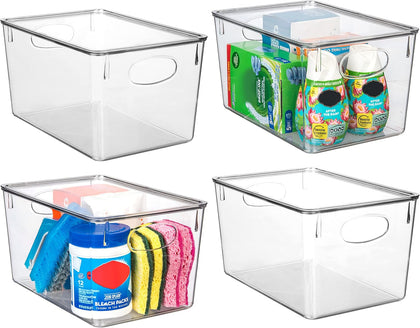 Plastic Storage Bins With lids – Perfect Kitchen Fridge Organizer, Pantry Organization, Cabinet Organizers (4 Pack)