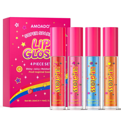 Glitter Lip Gloss for Teen Girls, 4 Pack Fruity Flavored Shimmer Lip Gloss Set, Non-Sticky Tinted Lip Gloss Oil