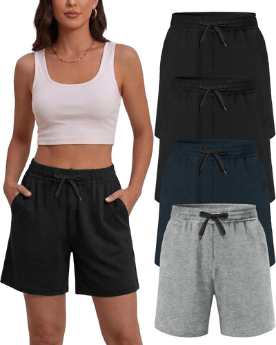 4 Pack Women's Summer Sweat Shorts Cotton Drawstring with Pockets