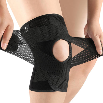 Knee Brace for Knee Pain, Compression Knee Support with Air Mesh Fabric, Adjustable Knee Wrap with Side Stabilizers