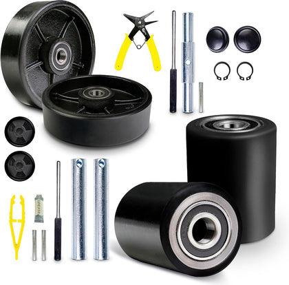 Pallet Jack/Truck FULL SET BLACK with Back Axle, Steering Wheels 7"x 2" Pair, Front Load Roller 3" x 3.75" Pair with