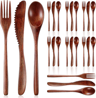 24 Pcs Wooden Utensils for Eating Wooden Spoon Fork Knife Set