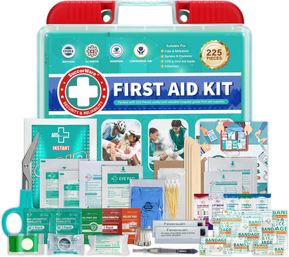 225 Pieces First Aid Kit, Includes Ice Pack, Adhesive Bandages, Wound Gauze Pads, Portable First Aid Bag for Home