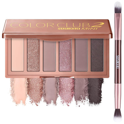 Neutral Eyeshadow Palette with Brush, 6-Color Mini Matte and Shimmer Eye Shadow Palette, Rosy Pink Nude Shades