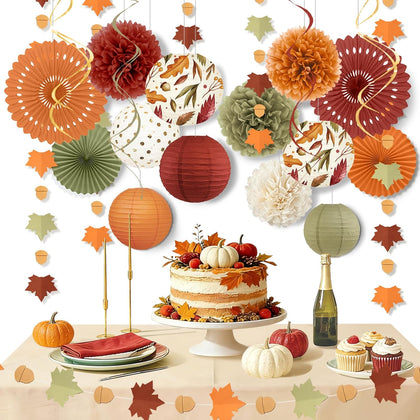 Fall Thanksgiving Decorations 20 PCS Maple Leaf Orange Decor | Tissue Pom Poms Paper Fans Lanterns Garland for