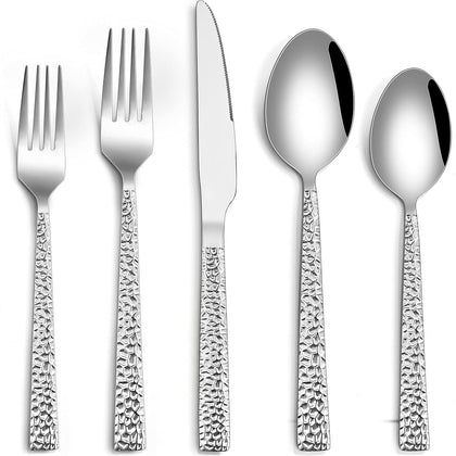 Hammered Silverware Set, 60-Piece Stainless Steel Flatware for 12, Modern Eating Utensils Tableware Cutlery for