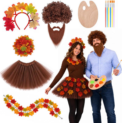 80s Painter Couple Costume Include Leaf Tutu,Headband,Garland,Curly Wig Beard and Painting Brushes Set for Adults