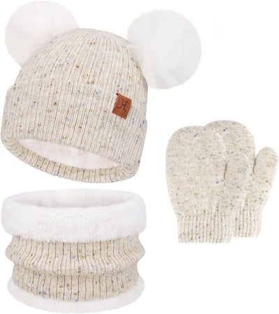 Kid Toddler Winter Beanie Hat Gloves Scarf for 0-4Y Girls | Pompoms Knit Thermal Warm Mittens for 0-6 6-12 12-18