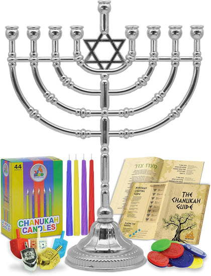 Hanukkah Menorah Complete Set - Menorahs for Chanukah - Includes Menorah, Hanukkah Candles, Dreidels, Play Coins