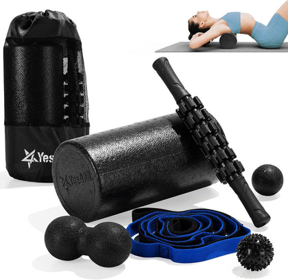 Foam Muscle Roller Set, 7-in-1 High-Density Set of Back Roller, Fascia Massage Tool, Stretch Strap, Spiky, Peanut &