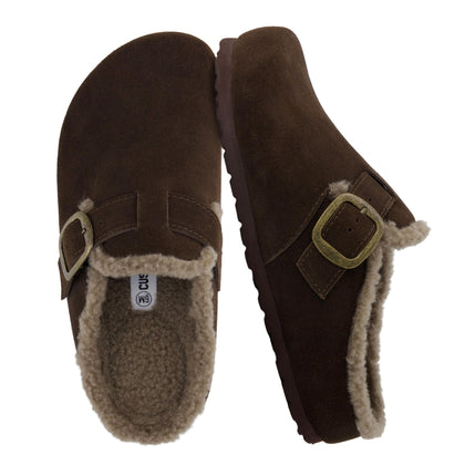 Haven Genuine Leather Clogs for Women – Faux Fur Lined Slip-On Womens Shoes with Cork Footbed and Adjustable Buckle
