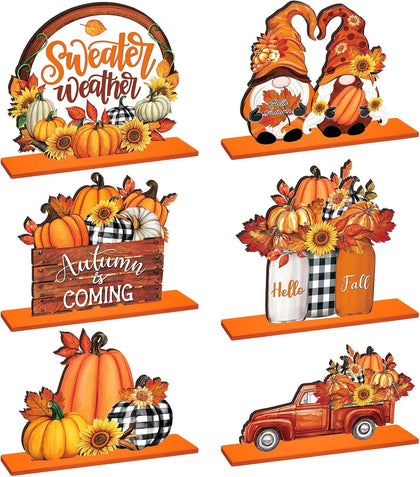 6 Pcs Fall Table Decorations Autumn Wooden Table Centerpieces Fall Pumpkin Truck Gnome Tabletop Signs Thanksgiving