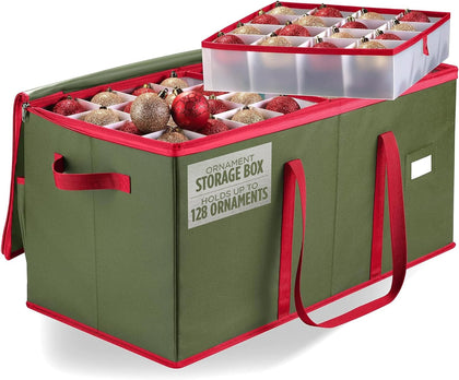 Christmas Ornament Storage - Stores up to 128 Holiday Ornaments, Adjustable Dividers, Zippered Top, Two Handles.