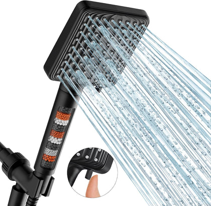 Filtered Shower Head Black - 6 Modes High Pressure Handheld Shower Head with Filter Mineral Beads, Detachable