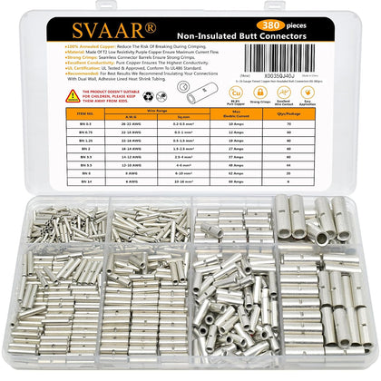 380PCS Non Insulated Butt Connectors Kit Butt Splice Connector Uninsulated Wire Splice Connectors for 26 to 6 Gauge