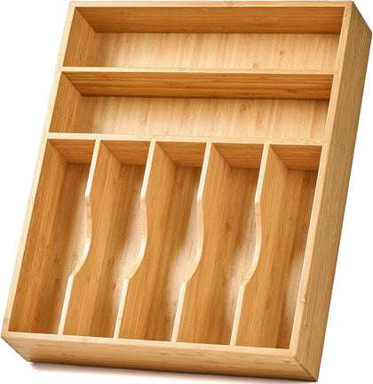 Bamboo Kitchen Drawer Organizer, 13 Inch Silverware Utensil Tray Holder, Extra Deep Grooved Drawer Divider, 7 Slots