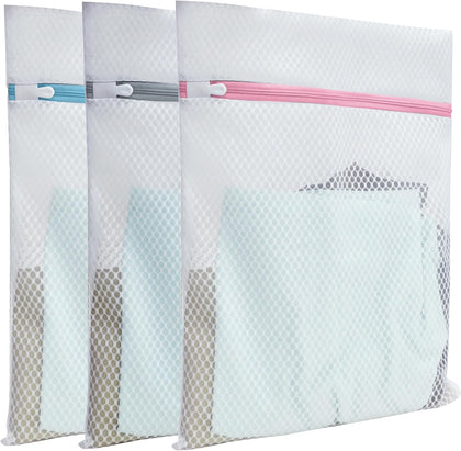 Mesh Laundry Bags for Delicates – 3 Pack (12”×16”) with Color-Coded Zippers, Protects Clothes from Damage, Breathable
