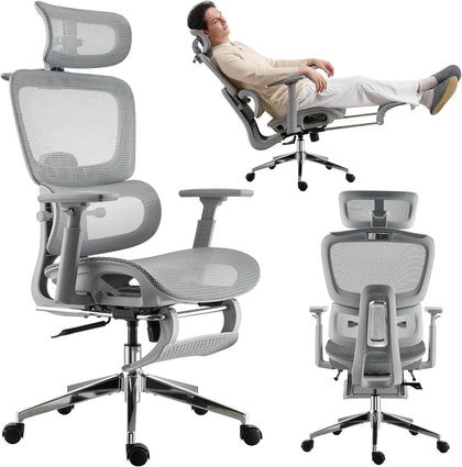 Mesh Ergonomic Office Chair with Footrest, Grey | High Back, Lumbar Support, Adjustable Headrest and Armrests, Gaming