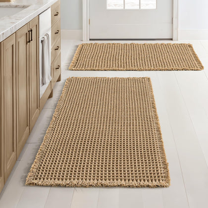 Set of 2 Waffle Bathroom Rugs Boho Bath Mat Brown 18x30 Inch | Non Slip, Super Absorbent, Washable, Ultra Soft