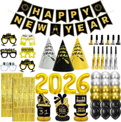 New Years Eve Party Supplies 2026 for 12, New Years Eve Party Decorations, 6 Hat, 6 Glasses, 12 blowouts, 6 Table