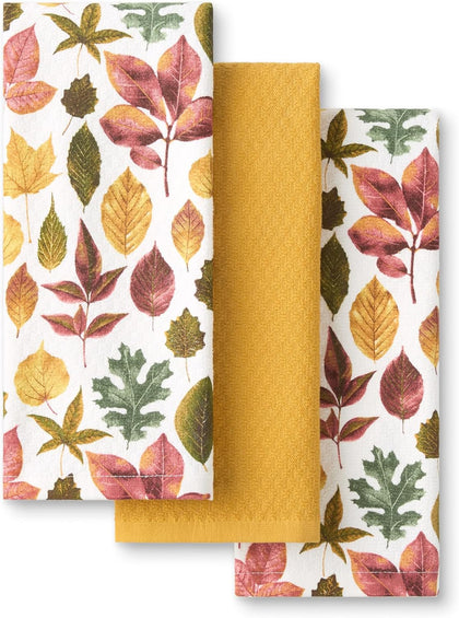 Autumn Harvest Falling Leaves Kitchen Towel 3-Pack Set, 100% Cotton with Absorbent Terrycloth, Decorative Kitchen