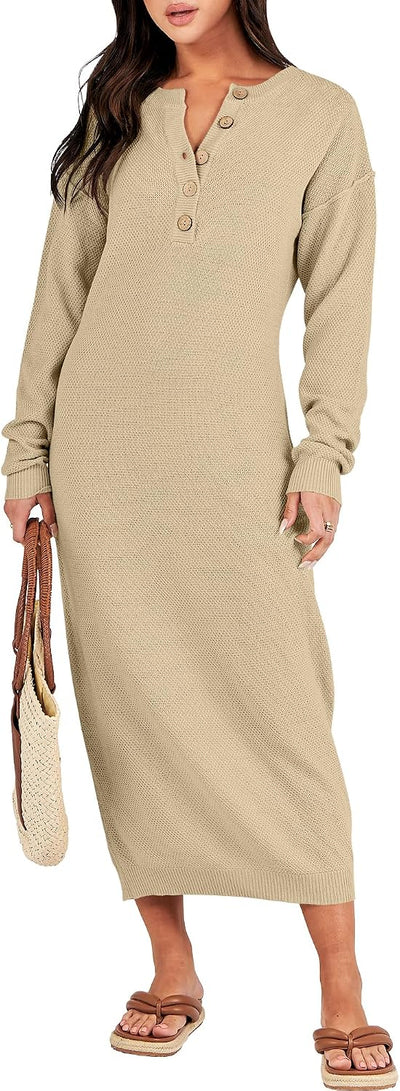 Women Fall Long Sleeve Waffle Knit Midi Sweater Dress