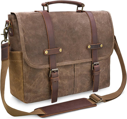 Mens Messenger Bag 15.6 Inch Waterproof Vintage Genuine Leather Waxed Canvas Briefcase Large Leather Computer Laptop