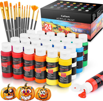 Acrylic Paint Set with 12 Brushes, 24 Colors Wood Craft Paints for Adults Kids Artists Beginners, Rich Pigments