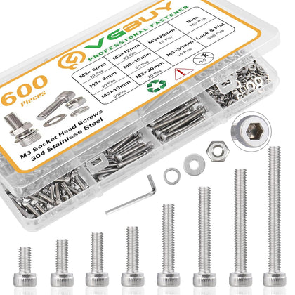 600pcs M3 Screw Assortment Kit, M3 Screws (8 Sizes 6-30mm) for 3D Printer DIY, Hex Socket Head Cap Screws Bolts Nuts