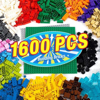1600 Pieces Building Bricks, Building Bulk Block with 2 Packs 24x24 Studs Sticky Plate and 46PCS Wheel Accessory