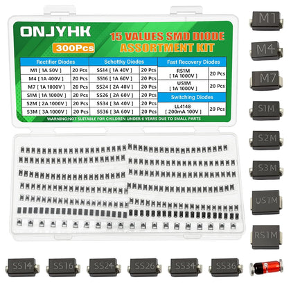 15Values 300PCS SMD Diode Kit M1 M4 M7 S1M S2M S3M SS14 SS16 SS24 SS26 SS34 SS36 RS1M US1M LL4148 Rectifier Schottky Fast Recovery Switching Diodes Assortment Set