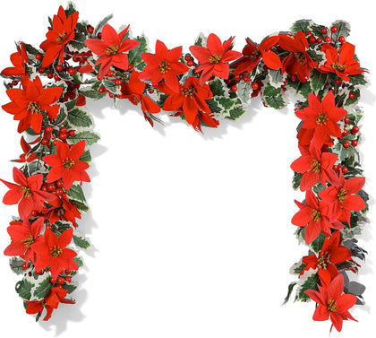Christmas Garland, Artificial Red Flowers with Berries and Holly Leaves | Indoor Outdoor Garland