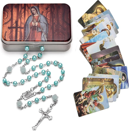 Rosary Beads Catholic Necklace Holy Soil Medal Cross Crucifix with Metal Box and 18pcs Prayer Cards