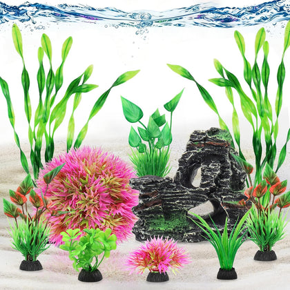 Fish Tank Accessories Aquarium Plants, 10pcs Colorful Fish Bowl Ornaments Plants and Rock Cave Decor Set, Aquarium Decor
