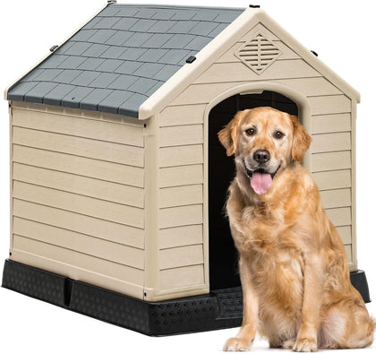 Plastic Dog House, Waterproof Indoor Outdoor Doghouse for Large or Small Dog, with Air Vents and Elevated Floor, Easy