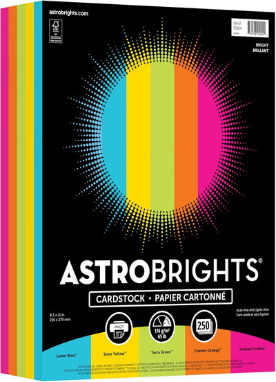 Color Cardstock -"Bright" Assortment, 65 lb Cover Weight, 8.5 x 11, Assorted, 250/Pack