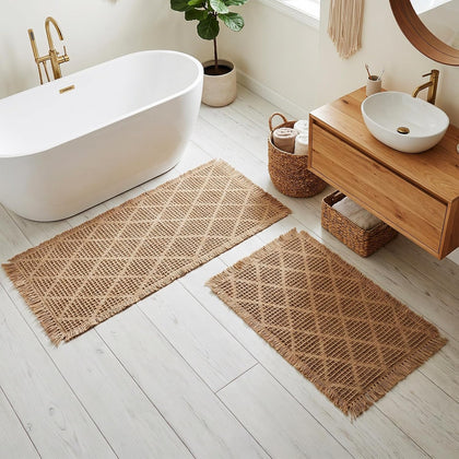 Set of 2 Upgraded Diamond Pattern Waffle Bathroom Rugs, Boho Bath Rugs Rubber Backing Non Slip, Absorbent Machine