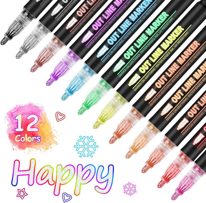 Outline Marker Self-outline Metallic Markers, 12 Colors Squiggles Shimmer Outline Markers Pen Set for Drawing Art