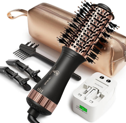 120-240V Travel Brush Hair Dryer, Small Hair Straightener Brush with European Plug Adapter for International Travel