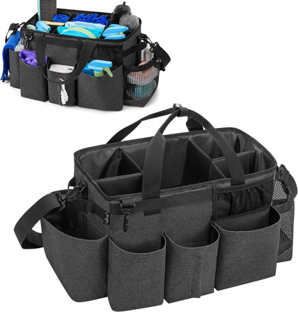 Wearable Cleaning Caddy Bag with 4 Foldable Dividers, Cleaning Supply Organizer with Shoulder Strap and Side Handles