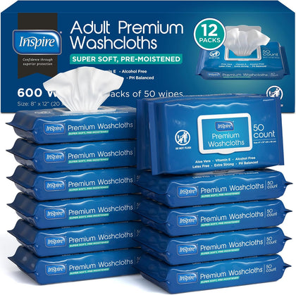 Adult Wet Wipes, Wash Cloths | Adult Wipes for Incontinence & Cleansing for Elderly, 8"x12" Count 12 packs of 50