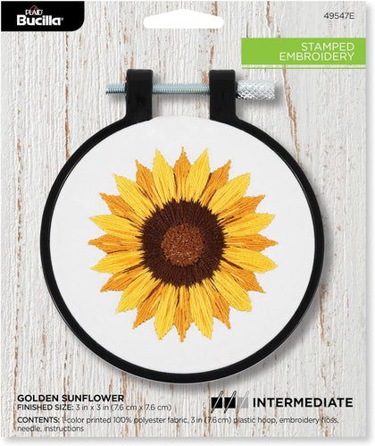 Stamped Embroidery Kit, Golden Sunflower, Includes 3" Hoop, Floss, Needle, and Instructions