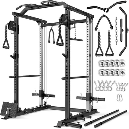 DP01 Power Cage, 2000LBS Squat Rack with Cable Crossover and Dual Independent Pulley System, Full Cage for Full Body