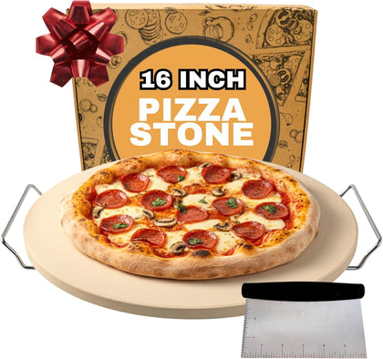 16 inch Baking Stone For Oven - Round Pizza Stone with Handles and Dough Tool - Baking Stone for Bread - Pizza Stones
