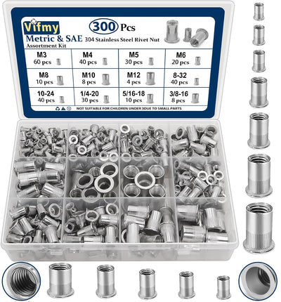 SAE & Metric Rivet Nut Assortment Kit 300 Pcs Stainless Rivnut