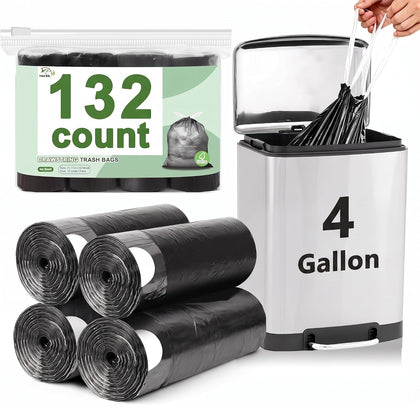 132 Count Small Trash Bags, 4 Gallon Drawstring Garbage Bags, Bathroom Wastebasket Liners, Tear-Free Plastic Bags for