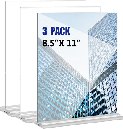 Acrylic Sign Holder 8.5x11 Inches 3 Pack T Shape Desktop Display Stand Vertical Double Sided Clear Table Menu Flyer