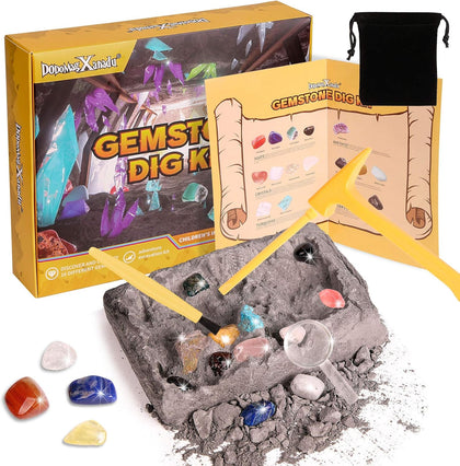 Gemstone Dig Kit, 16 Real Gem Stones and Crystals Excavation Kit, STEM Educational Toys Science Kit for Kids 5-7