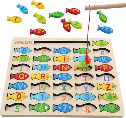 Magnetic Wooden Fishing Game Toy for Preschoolers, Alphabet Fish Catching Counting Games Puzzle with Numbers and